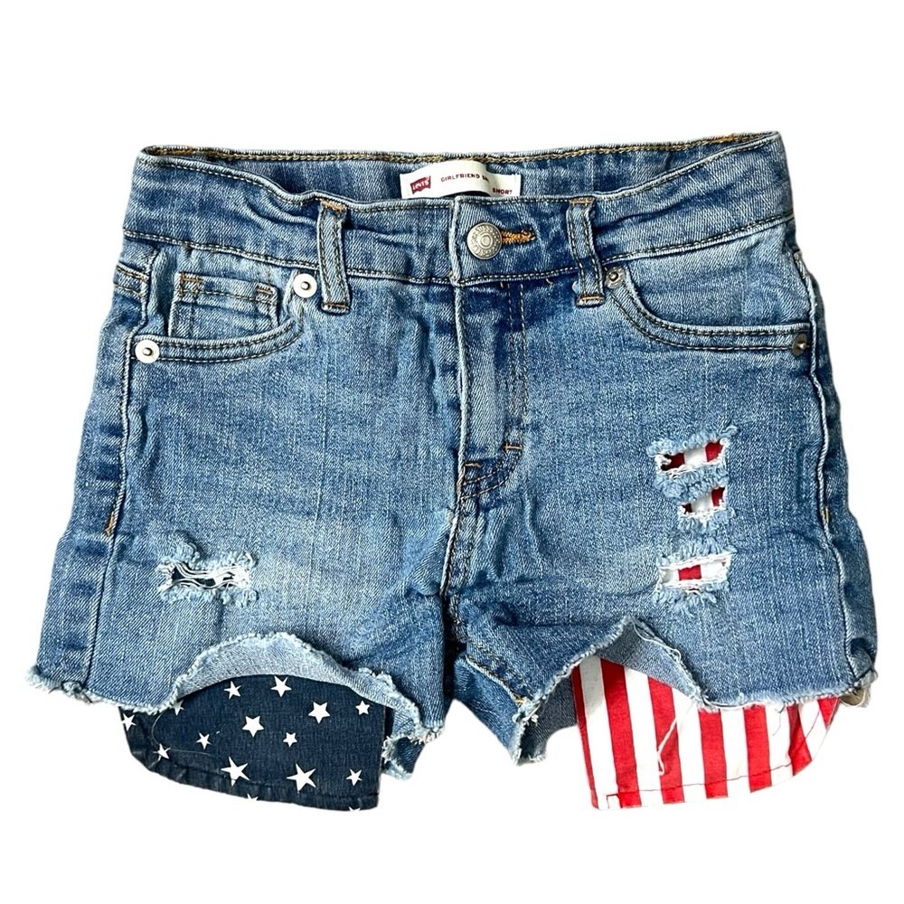 Girls Levi’s Blue Jean Shorts With American Flag Pockets - Size 6X - Picture 1 of 6